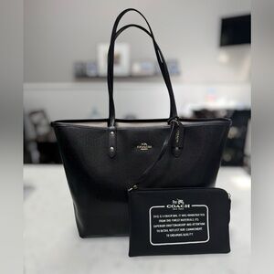 Coach Reversible Black Leather Tote with Logo Zip Pouch